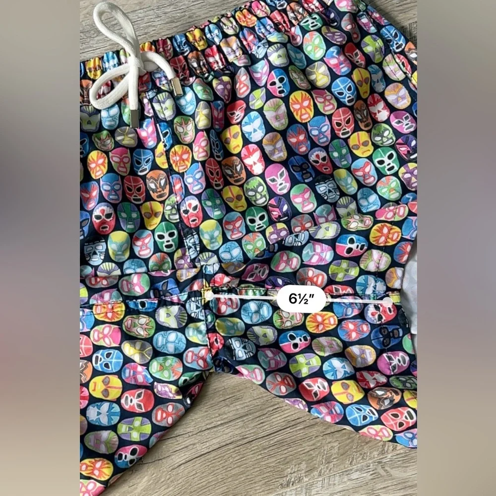 LUCHIANO VISCONTI Swim Trunks Sz Med Black with Multicolor Wrestler Masks - Picture 7 of 8